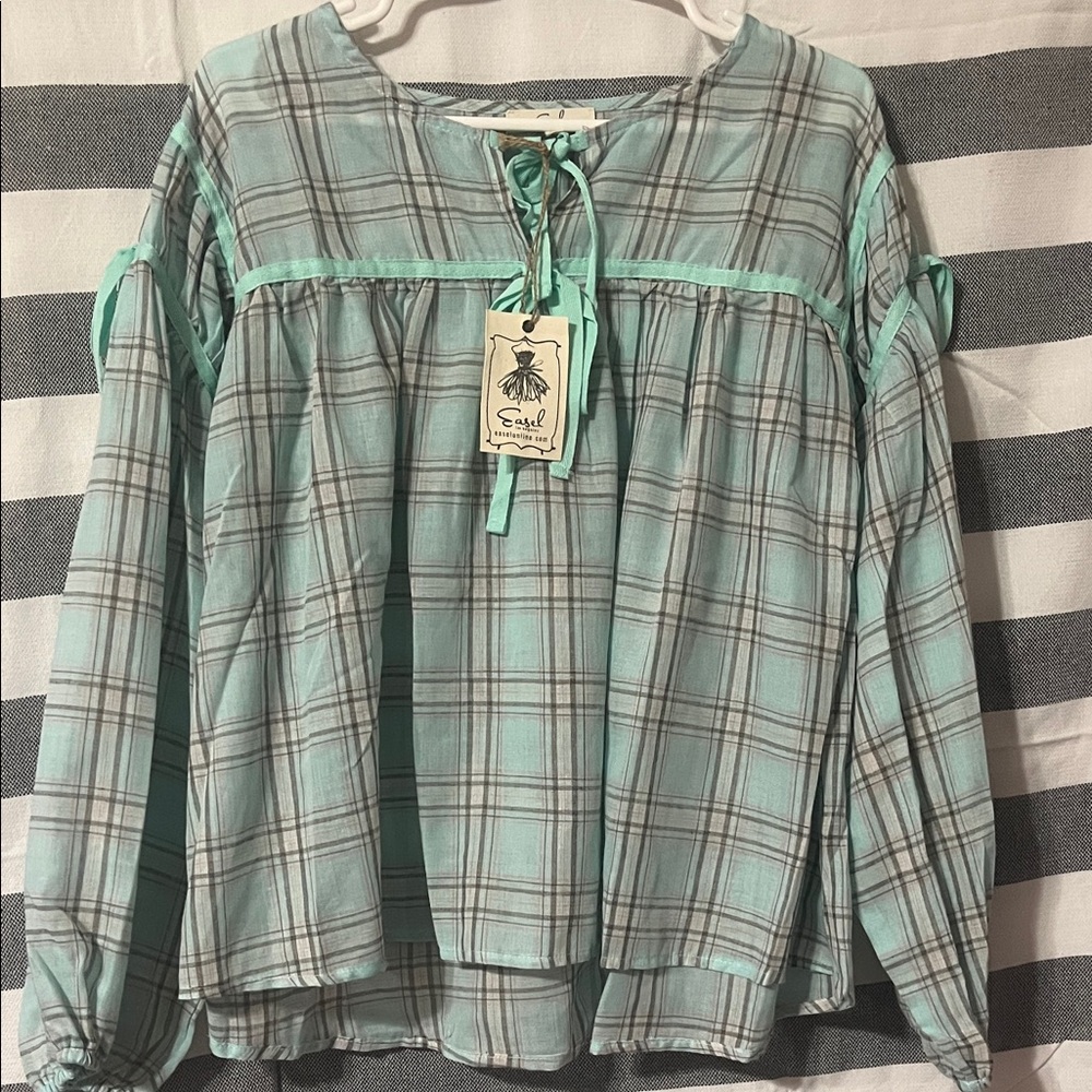 Easel Aqua Plaid Blouse with Tie Detail